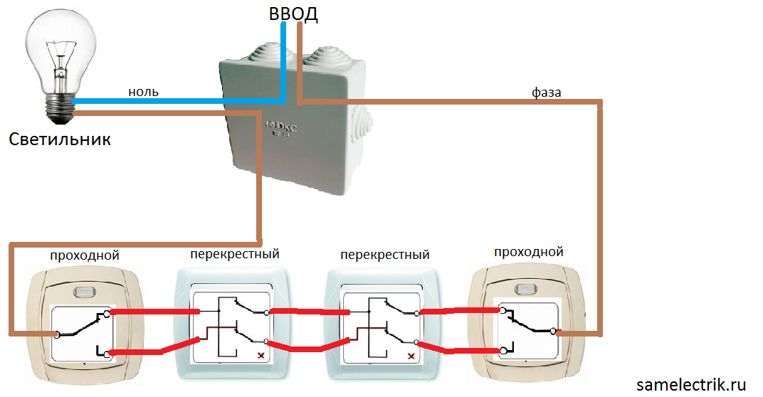 схема одноклавишного проходного выключателя